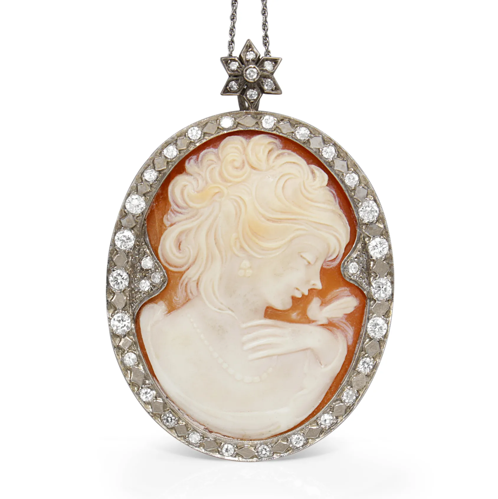 14ct White Gold Vintage Cameo and Diamond Necklace