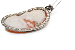 14ct White Gold Vintage Cameo and Diamond Necklace