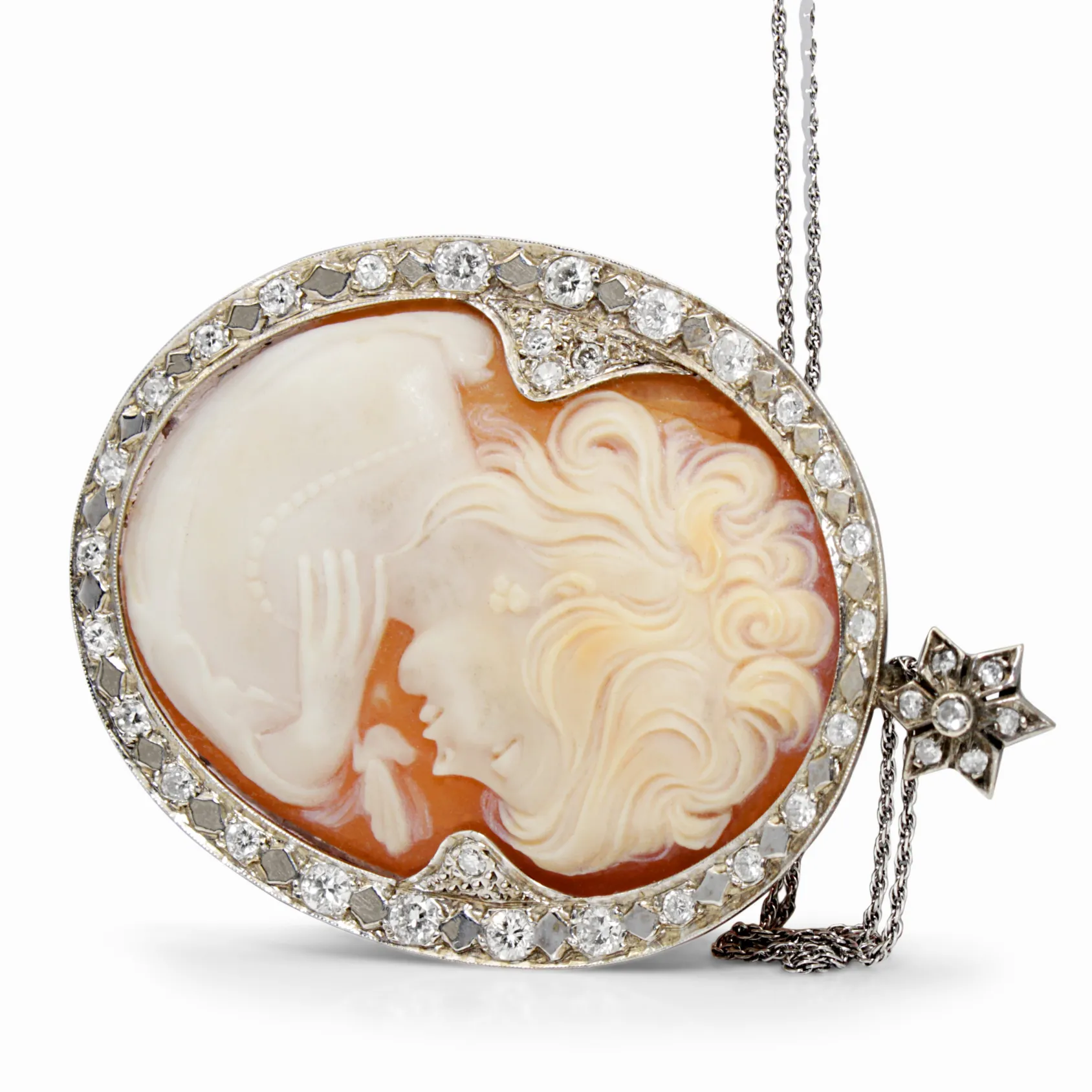 14ct White Gold Vintage Cameo and Diamond Necklace