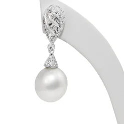 14ct White Gold Vintage Diamond 12mm South Sea Pearl Earrings