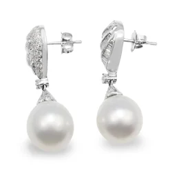 14ct White Gold Vintage Diamond 12mm South Sea Pearl Earrings