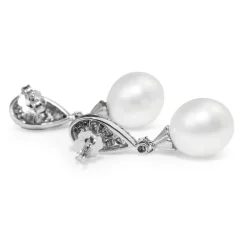 14ct White Gold Vintage Diamond 12mm South Sea Pearl Earrings