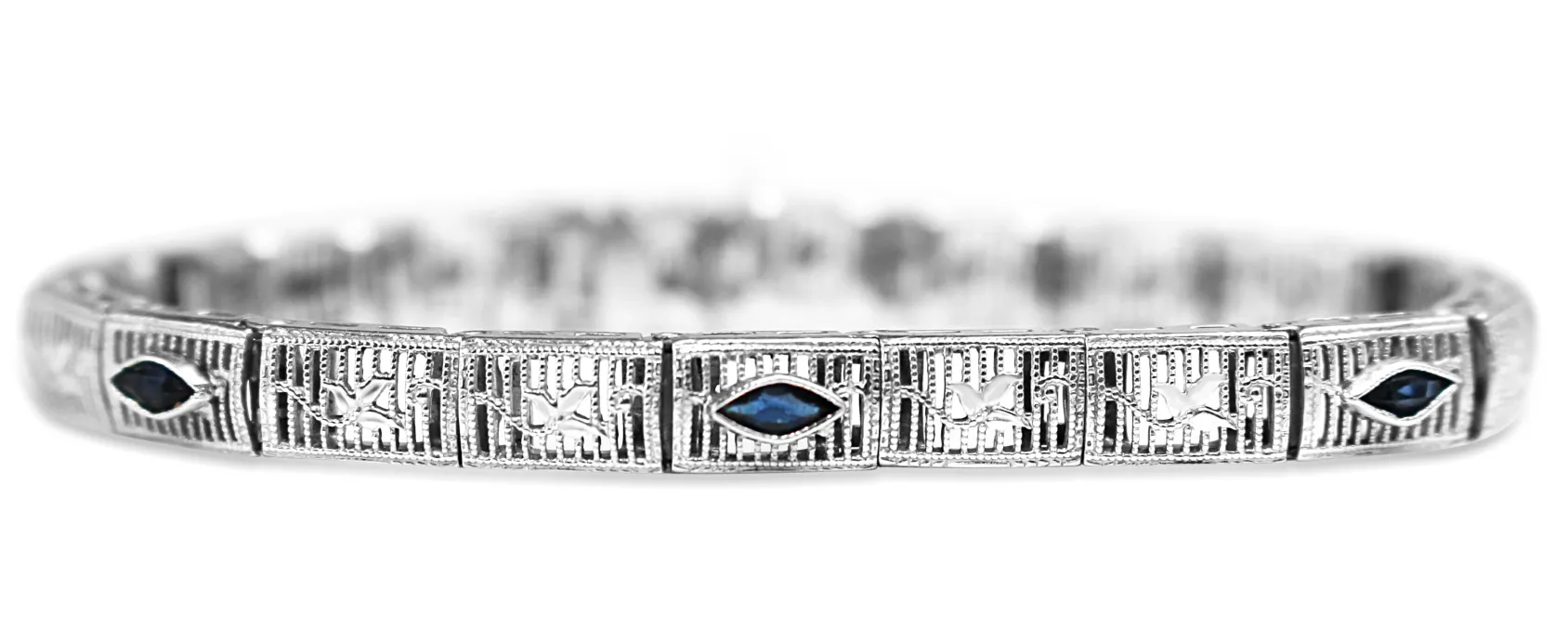 10ct White Gold Vintage Filigree Synthetic Sapphire Bracelet
