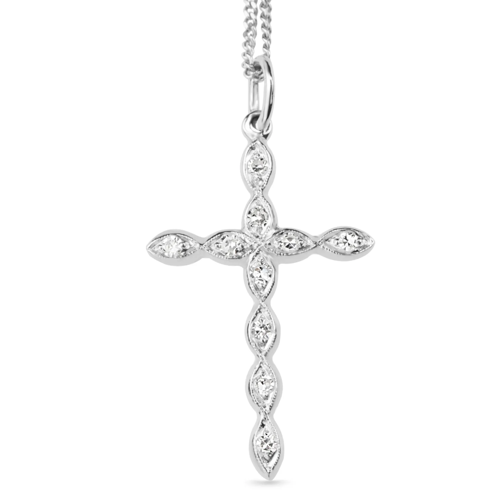 14ct White Gold Vintage Single Cut Diamond Cross Necklace