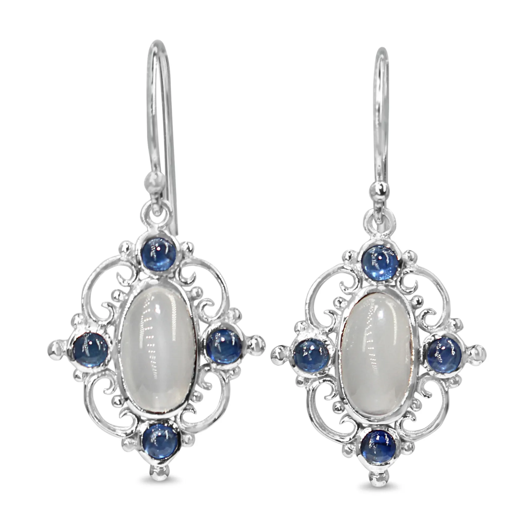 9ct White Gold Vintage Style Sapphire and Moonstone Earrings