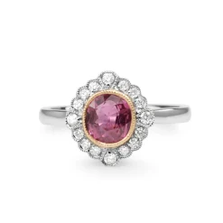 18ct White Gold Vintage Style Pink Sapphire and Diamond Ring