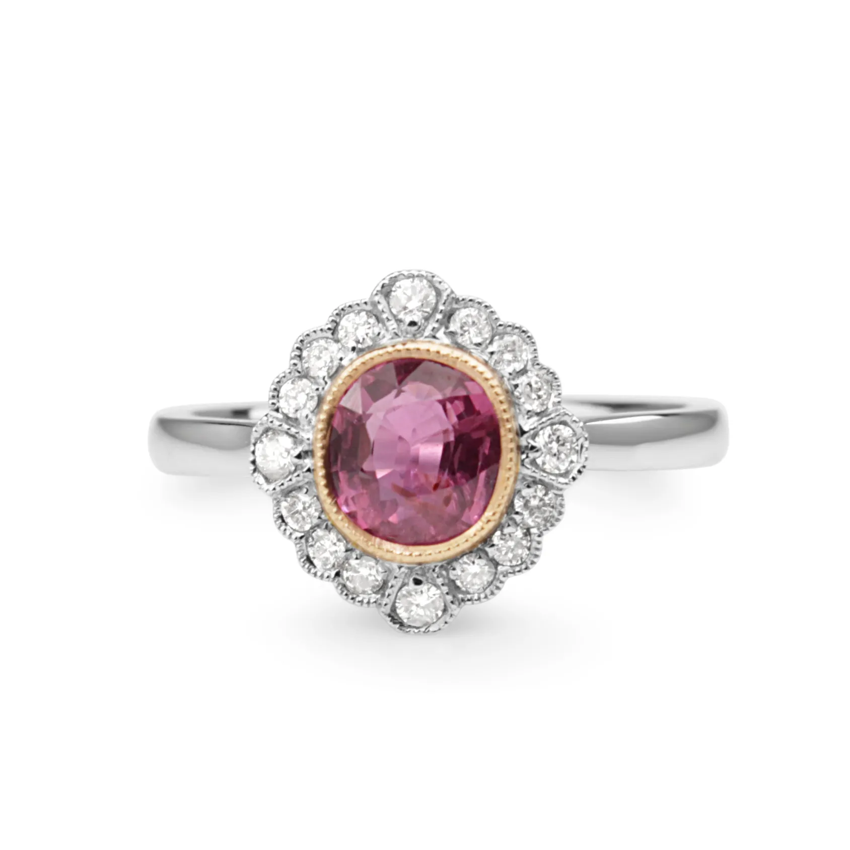 18ct White Gold Vintage Style Pink Sapphire and Diamond Ring