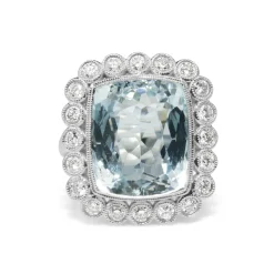 18ct White Gold Vintage Style Aquamarine and Diamond Halo Ring