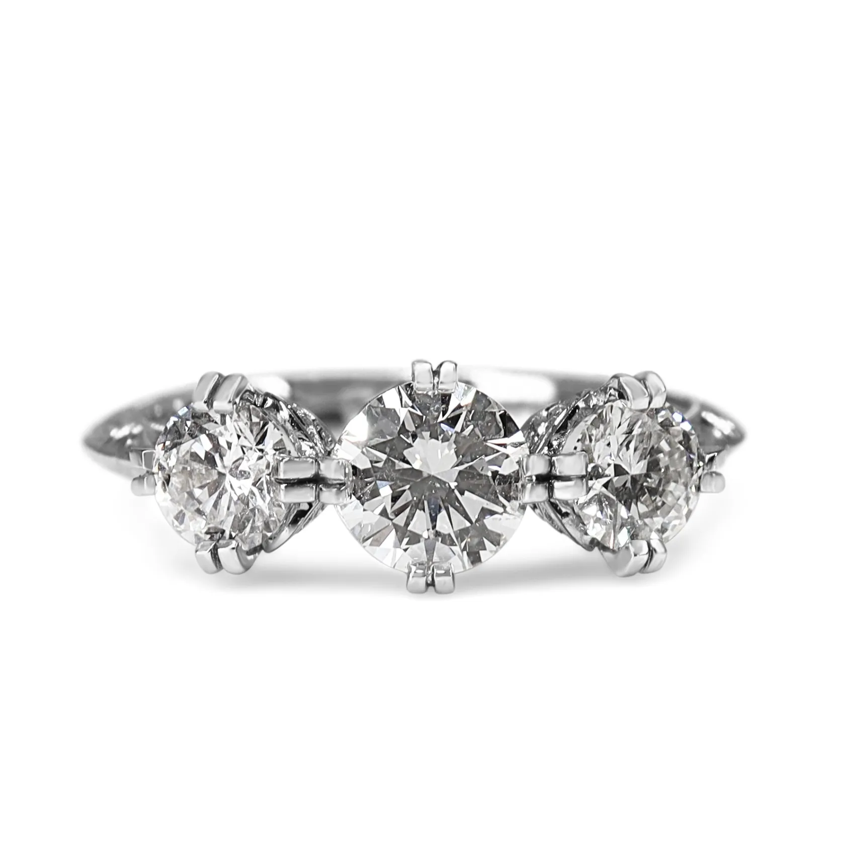 18ct White Gold Vintage Style 3 Stone Diamond Ring with Etched Band