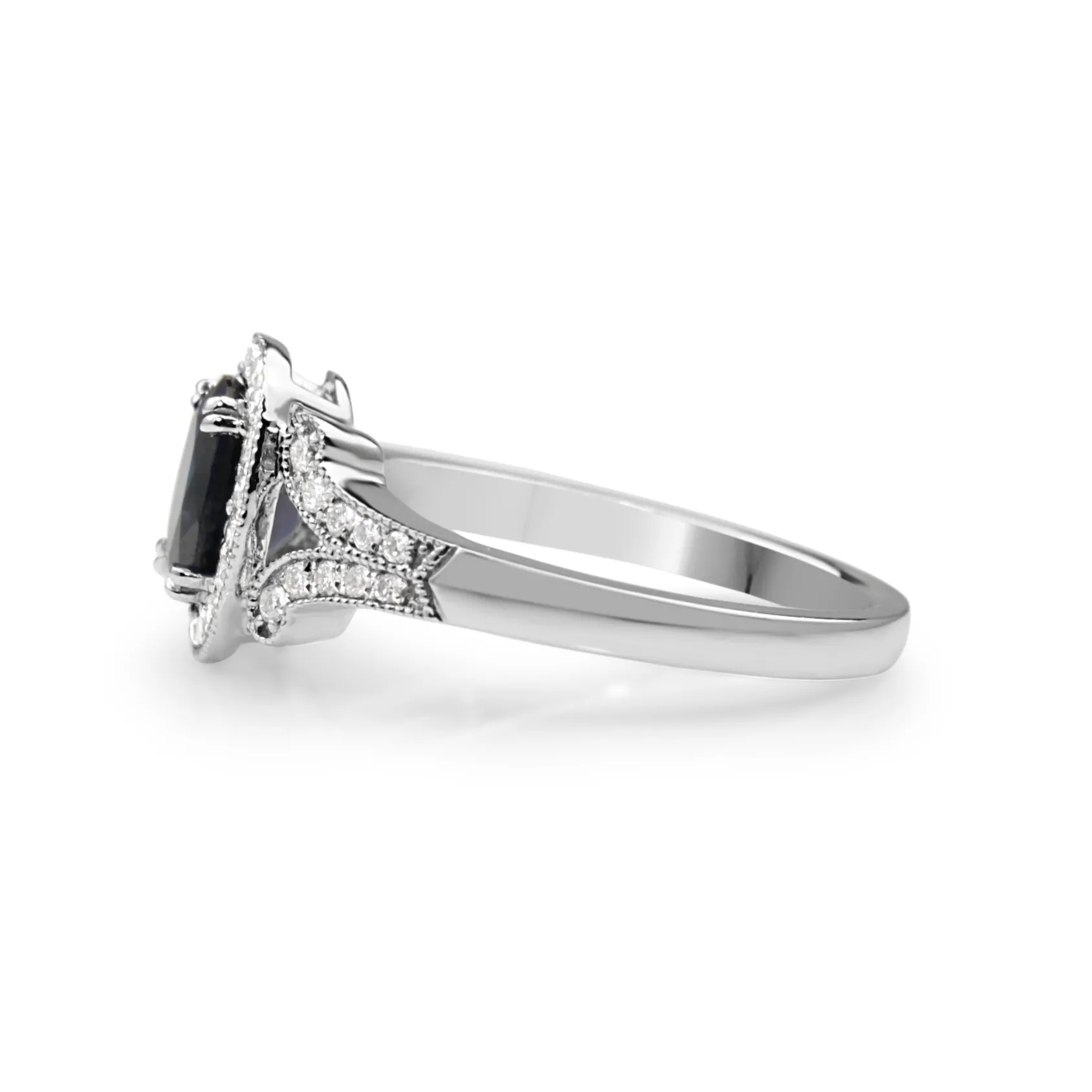 18ct White Gold Vintage Style Sapphire and Diamond Ring