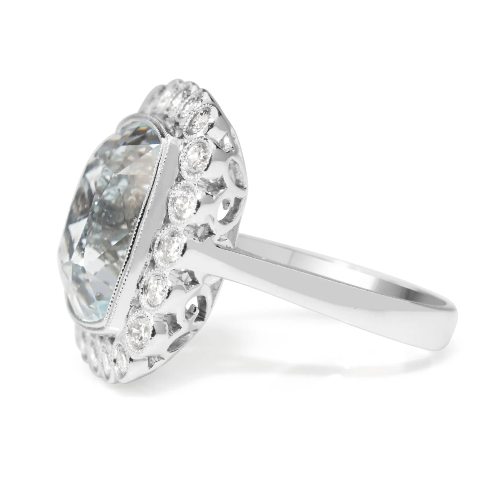 18ct White Gold Vintage Style Aquamarine and Diamond Halo Ring
