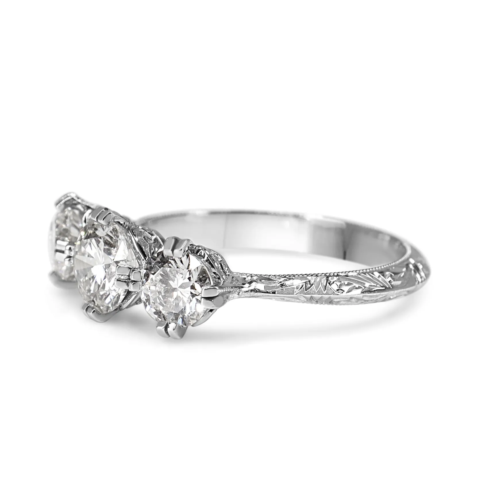 18ct White Gold Vintage Style 3 Stone Diamond Ring with Etched Band