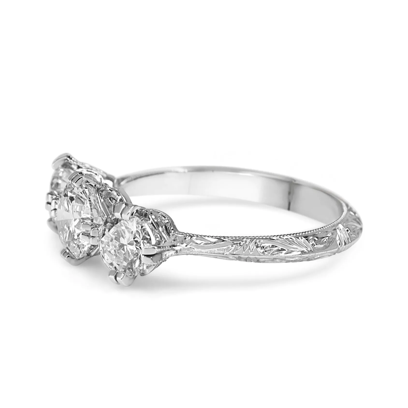 18ct White Gold Vintage Style 3 Stone Diamond Ring with Etched Band