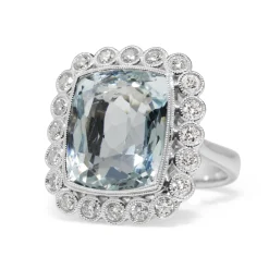 18ct White Gold Vintage Style Aquamarine and Diamond Halo Ring