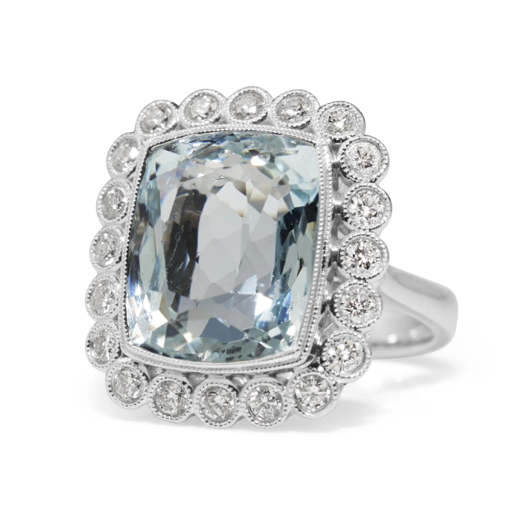 18ct White Gold Vintage Style Aquamarine and Diamond Halo Ring