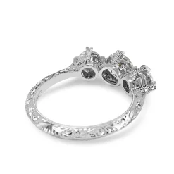 18ct White Gold Vintage Style 3 Stone Diamond Ring with Etched Band