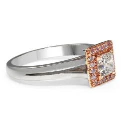 18ct White Gold White and Pink Diamond Halo Ring
