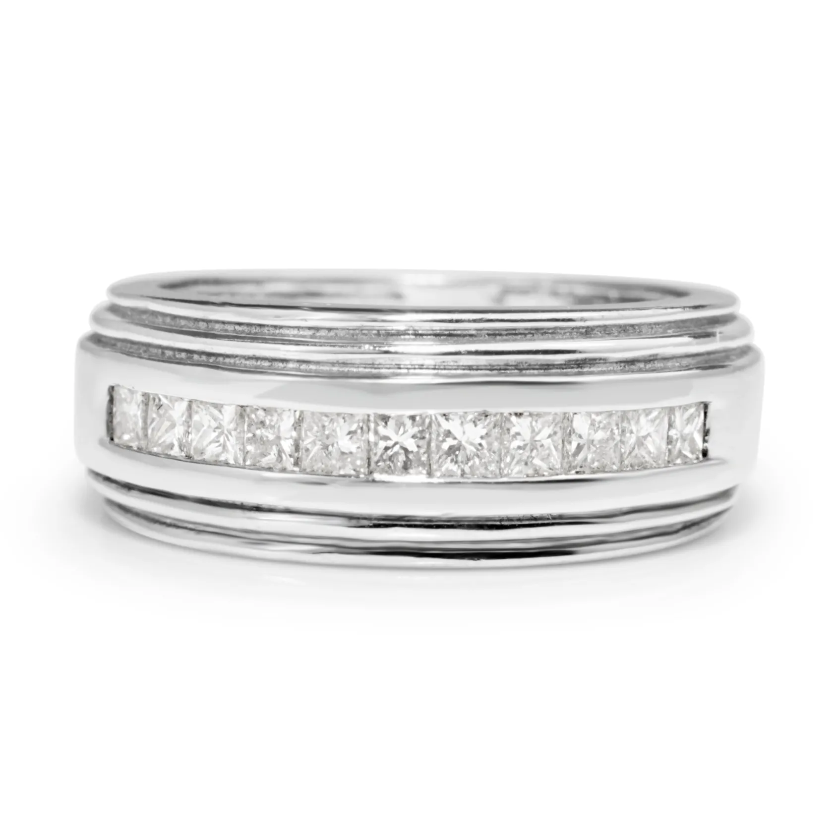 18ct White Gold Wide Vintage Princess Cut Diamond Band