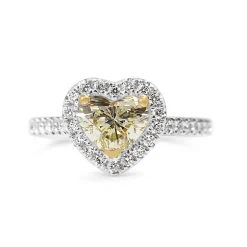 18ct White Gold Yellow Heart Diamond Halo Ring