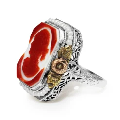14ct White, Rose and Yellow Gold Art Deco Pearl and Agate Cameo Ring