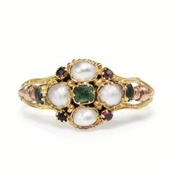 9ct Yellow and Rose Gold Amethyst, Emerald and Pearl Suffragette Ring
