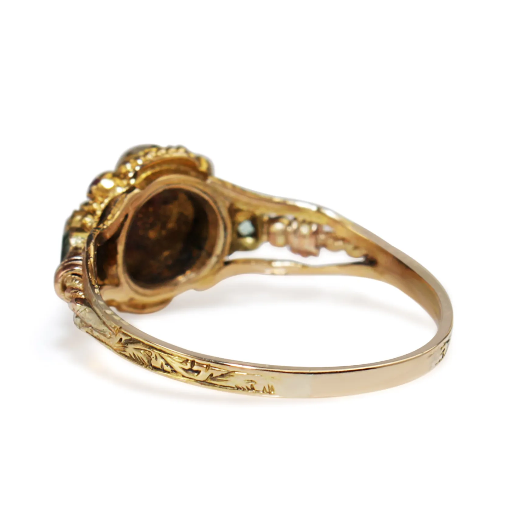 9ct Yellow and Rose Gold Amethyst, Emerald and Pearl Suffragette Ring