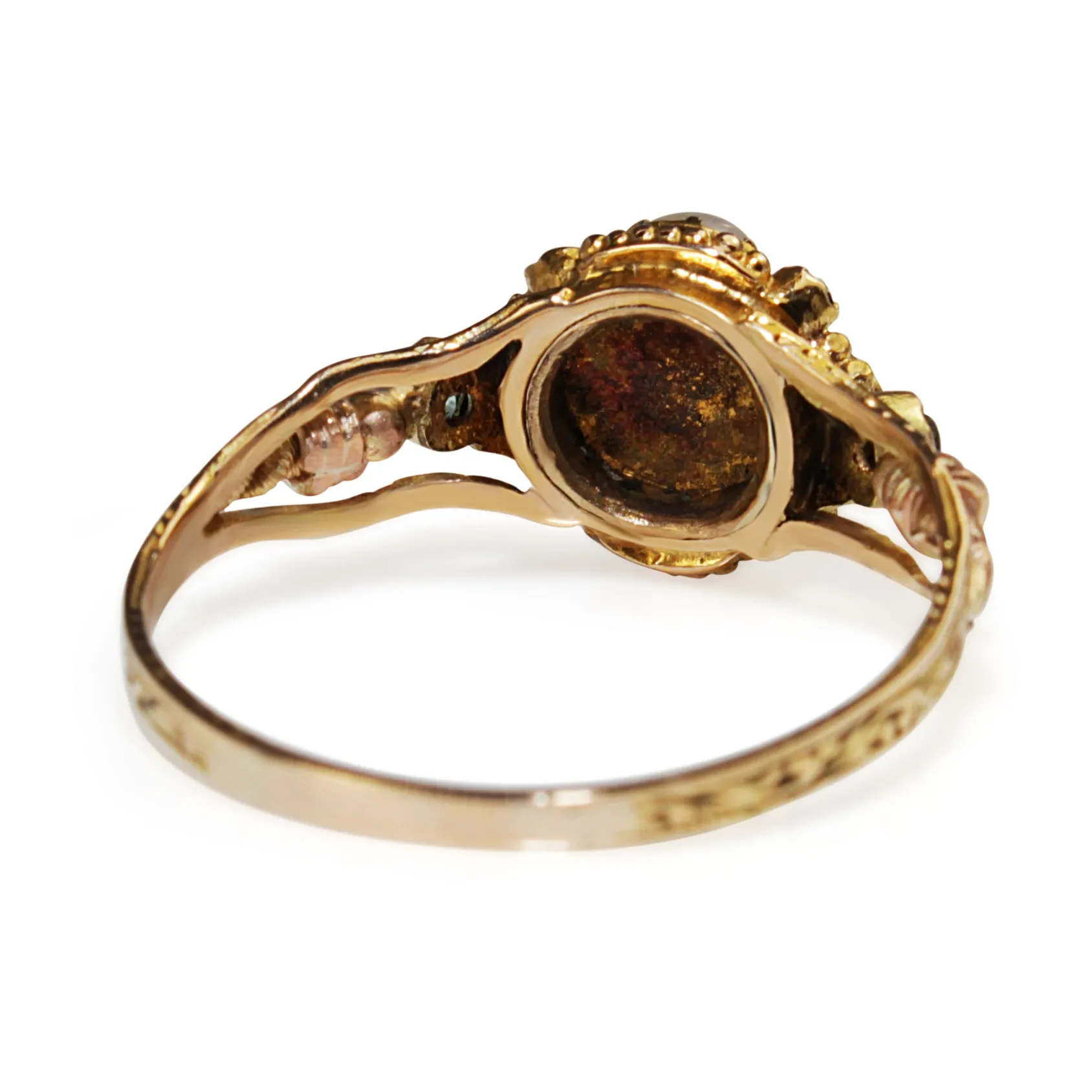 9ct Yellow and Rose Gold Amethyst, Emerald and Pearl Suffragette Ring