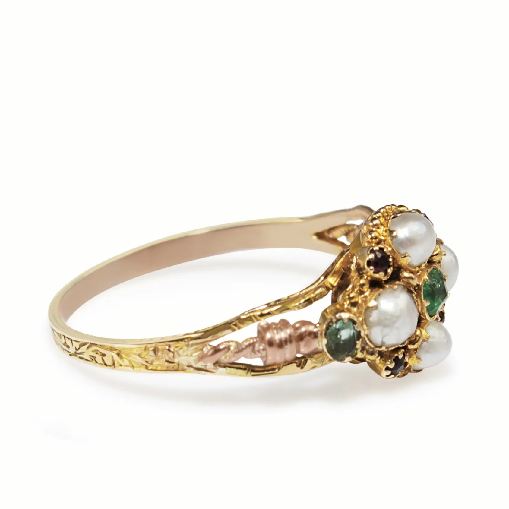 9ct Yellow and Rose Gold Amethyst, Emerald and Pearl Suffragette Ring