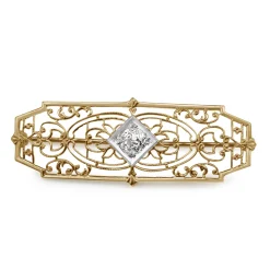 10ct Yellow and White Gold Vintage Old Cut Diamond Filigree Brooch