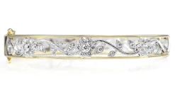 9ct Yellow and White Gold Diamond Floral Filigree Bangle