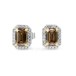 18ct Yellow and White Gold Emerald Cut Champagne Diamond Halo Earrings