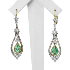 18ct Yellow and White Gold Antique Emerald and Single Cut Diamond Drop Earrings