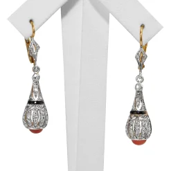 18ct Yellow and White Gold Art Deco Onyx, Coral and Rose Cut Diamond Earrings