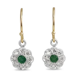9ct Yellow and White Gold Emerald and Diamond Daisy Drop Earrings