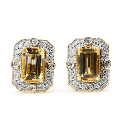 9ct Yellow and White Gold Citrine and Diamond Deco Style Earrings