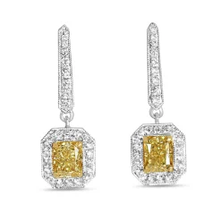 18ct Yellow and White Gold Yellow Radiant Diamond Halo Drop Earrings