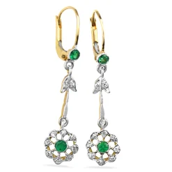18ct Yellow and White Gold Antique Emerald and Old Cut Diamond Daisy Earrings
