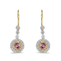 18ct Yellow and White Gold Pink Sapphire and Diamond Halo Drop Earrings