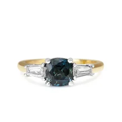 18ct Yellow and White Gold Cushion Sapphire and Tapered Baguette Diamond 3 Stone Ring