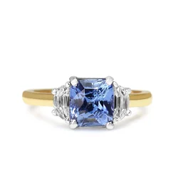 18ct Yellow and White Gold Cushion Sapphire and Half Moon Diamond 3 Stone Ring