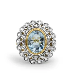 18ct Yellow and White Gold Aquamarine and Diamond Halo Ring