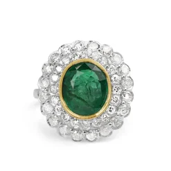 18ct Yellow and White Gold Emerald and Diamond Double Halo Ring