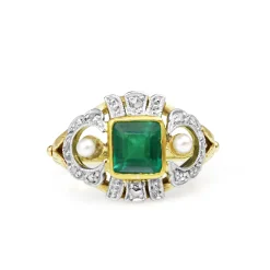 14ct Yellow and White Gold Emerald, Diamond and Pearl Art Deco Ring