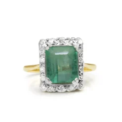18ct Yellow and White Gold Emerald and Single Cut Diamond Vintage Ring