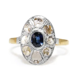 18ct Yellow and White Gold Antique Rose Cut Diamond and Sapphire Ring