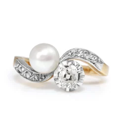18ct Yellow and White Gold Antique Pearl and Old Cut Diamond 'Moi et Toi' Ring