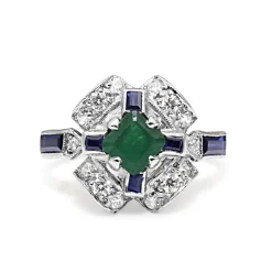 18ct Yellow and White Gold Diamond, Emerald and Sapphire Deco Style Ring