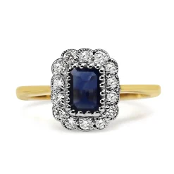 9ct Yellow and White Gold Emerald Cut Sapphire Daisy Diamond Ring