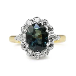 18ct Yellow and White Gold Teal Sapphire and Diamond Daisy Ring