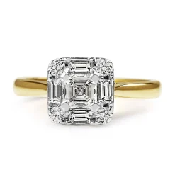 18ct Yellow and White Gold Deco Style Asscher Cut Diamond Halo Ring